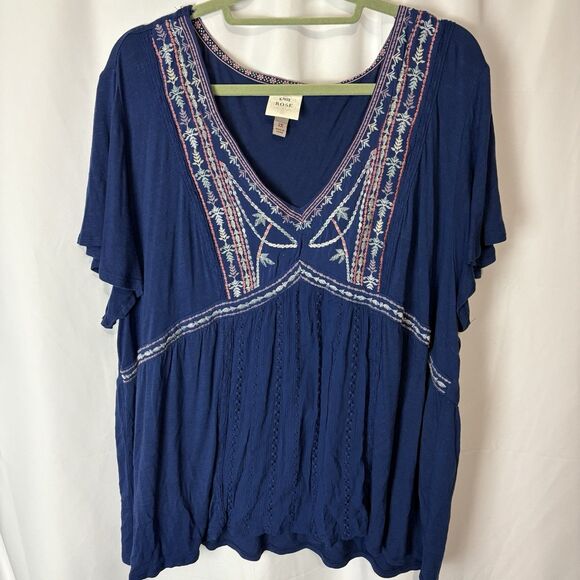 KNOX ROSE Short Flutter Sleeve Tunic Top Bohemian Flowy 2X Blue Boho Embroidered - Picture 1 of 7